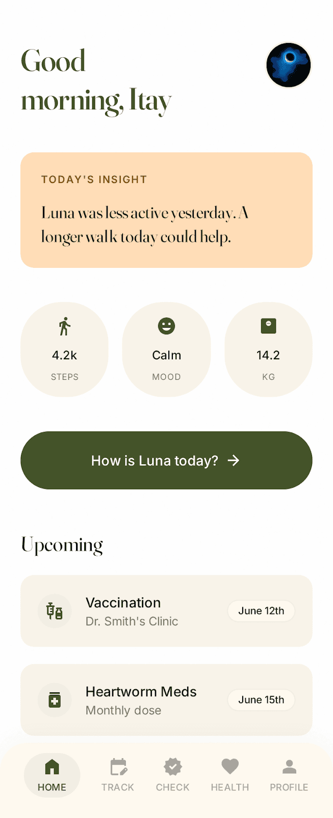 PupGuide dashboard showing daily activity, mood, and upcoming reminders