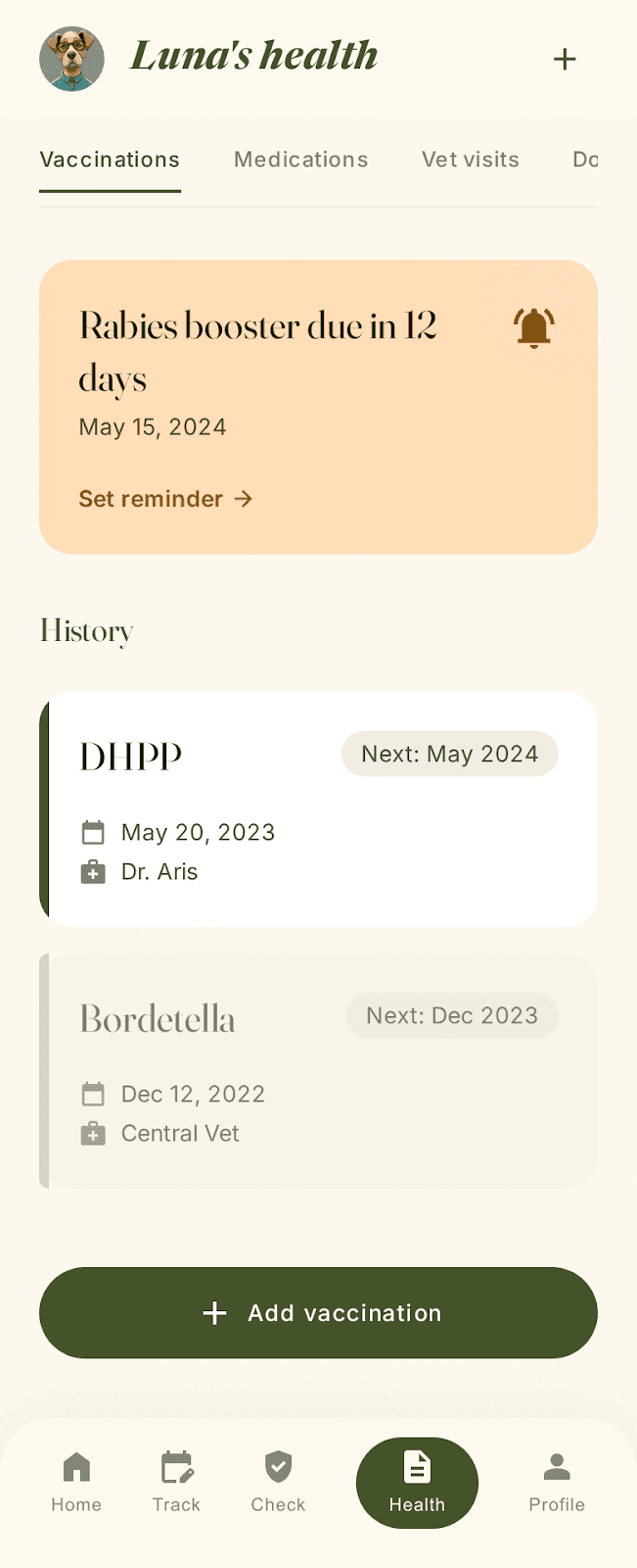 PupGuide health record screen showing vaccination history